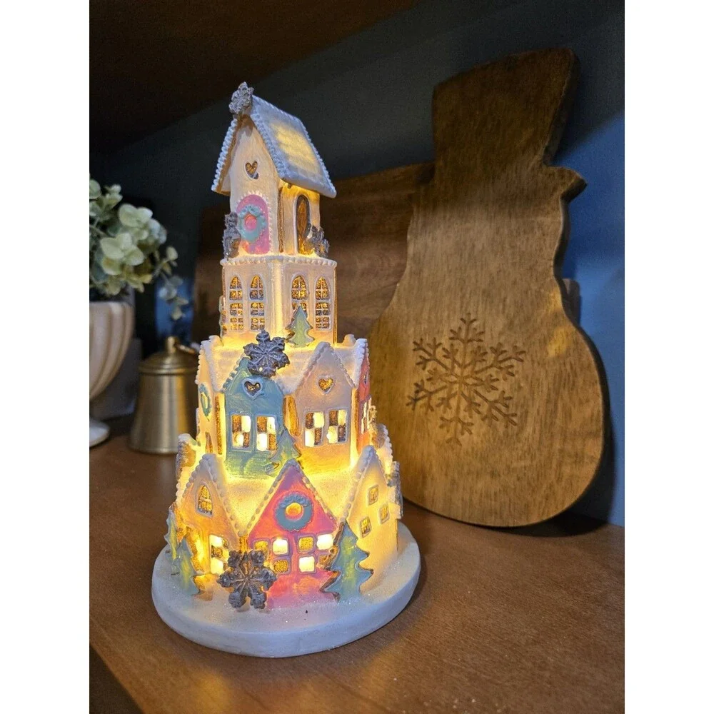 NEW Light-Up Pastel Pink Gingerbread Sugar Frosted Castle House Christmas Decor